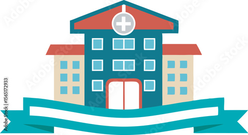A simplified, colorful illustration of a hospital building with a prominent medical cross
