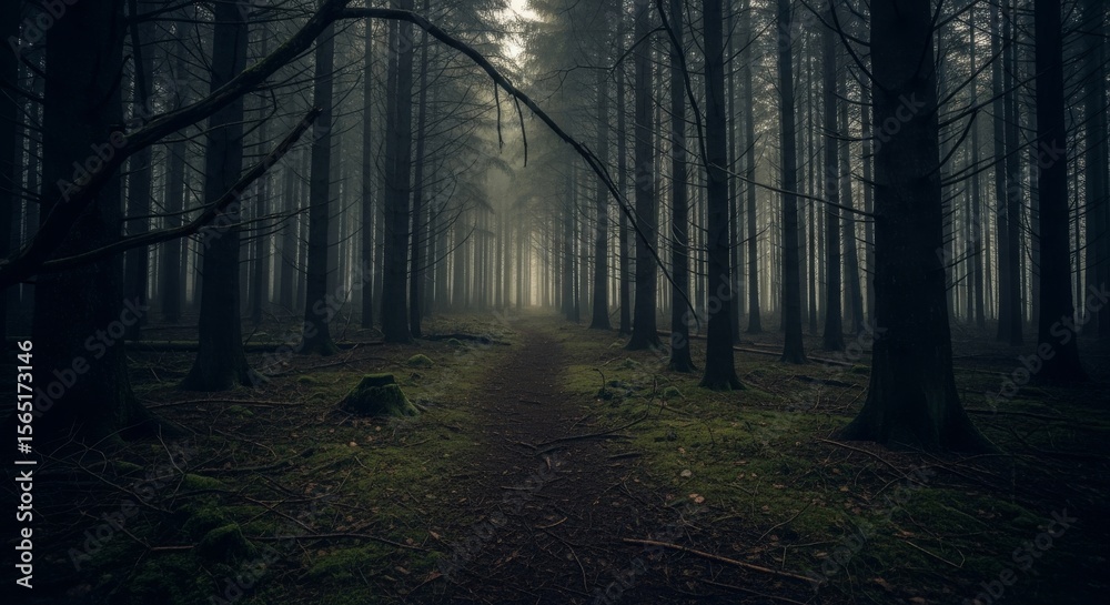 Fototapeta premium Mysterious Forest Path - A dark, atmospheric path winds through a dense forest, shrouded in mist. Sunlight filters through the trees, creating a mystical ambiance