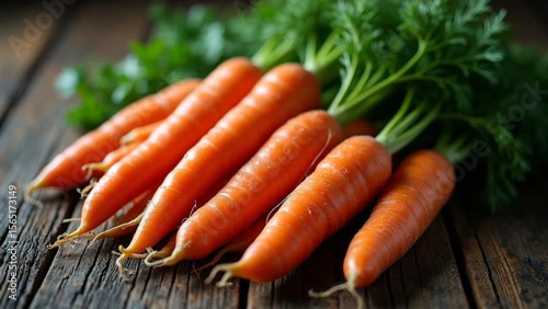 Fresh carrots on the wooden table. Close up. 