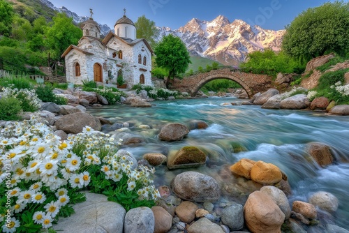 The scenery consists of beautiful nature, a popular tourist destination, with a summer landscape featuring green grass, trees, mountains, ancient ruins, and a shed nestled in the woods