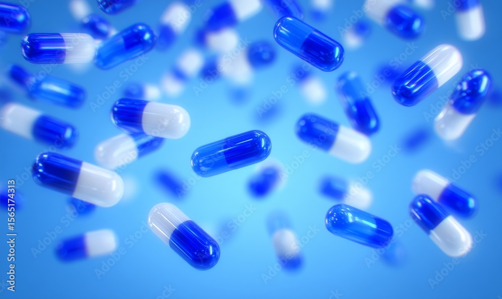 A 3D illustration featuring a healthcare and medical background shows a group of antibiotic pill capsules falling A 3D illustration featuring a healthcare and medical background shows a group of antibiotic pill capsules falling
