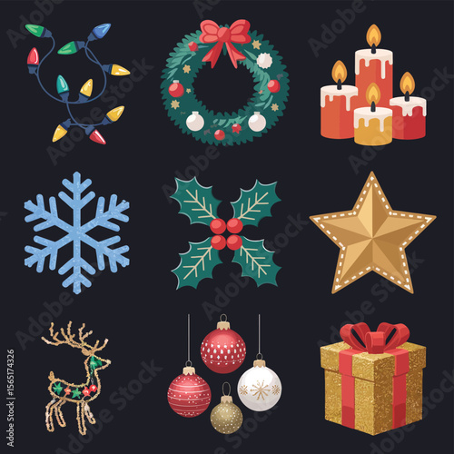 vector Happy New Year Celebrating 2025 in Latin letters , Christmas Decoration Items Santa Claus