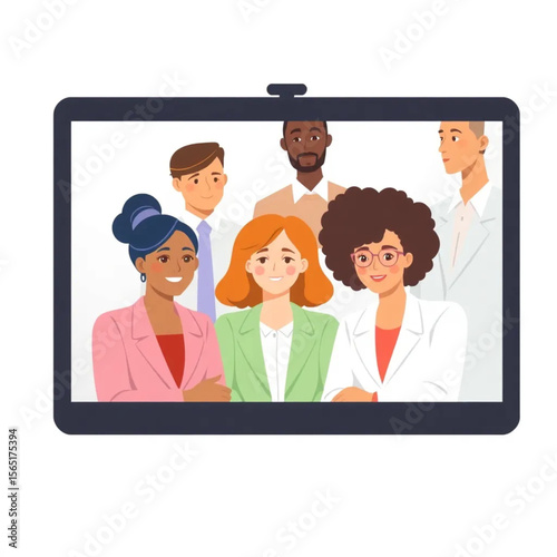A diverse group of six staff are attending a video call. The atmosphere is professional yet relaxed.