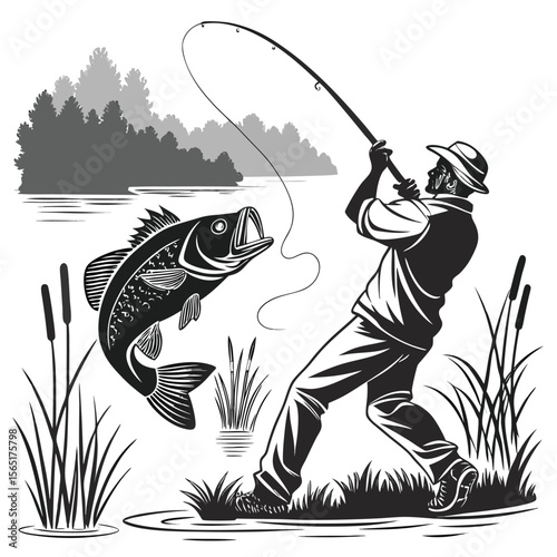 Fisherman Catching Largemouth Bass Black and White Illustration
