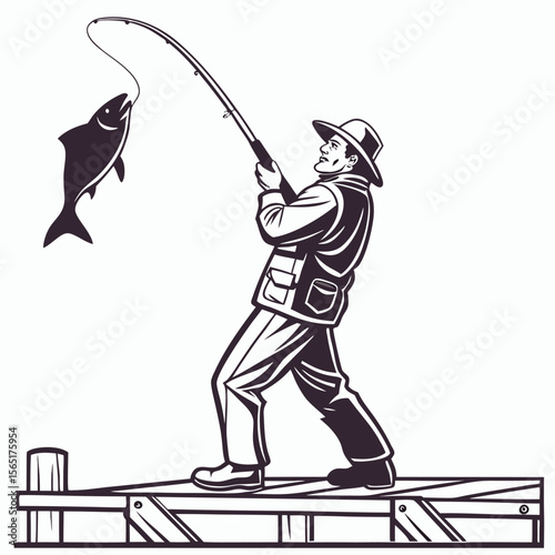 Fisherman on Wooden Dock Reeling in Large Fish with Rod