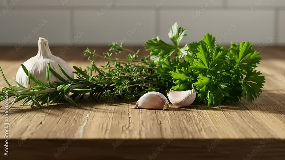 Fresh herbs and garlic on a wooden kitchen surface