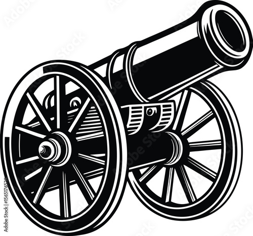 Antique military cannon weapon vector illustration with historical iron barrel and wheels ,armor ,sketch, engine, historic, equipment