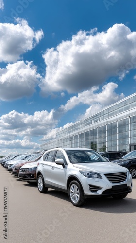 Various modern SUVs and black sedans are neatly parked in a vibrant auto market with a stunning city skyline visible behind them