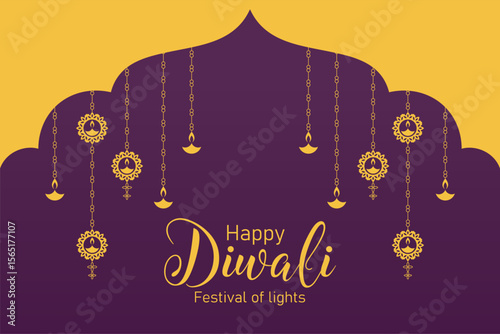 Happy Diwali banner with hanging diya or lamp vector image
