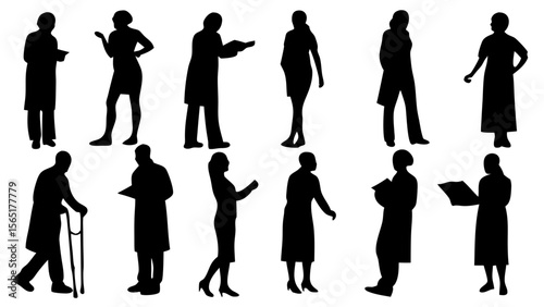 Set of nurse and doctor silhouettes in professional poses — standing, walking, talking, writing, and using medical tools. Ideal vector set for healthcare, hospital, and medical design themes.
