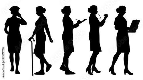 Set of nurse and doctor silhouettes in professional poses — standing, walking, talking, writing, and using medical tools. Ideal vector set for healthcare, hospital, and medical design themes.