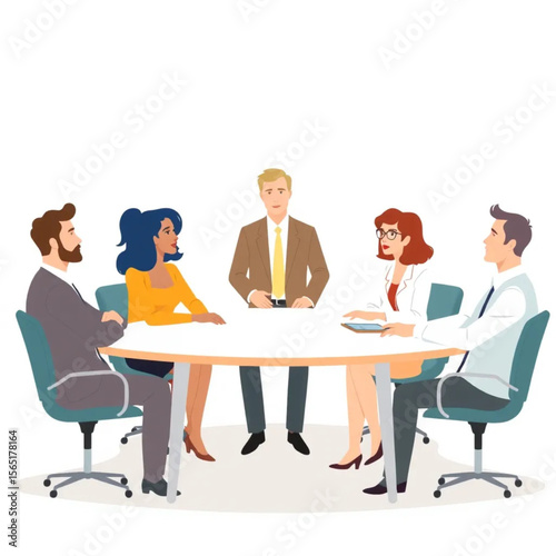 A group of five leaders are sitting at a conference table, engaged in discussion. One person is standing while the rest are seated, listening attentively.