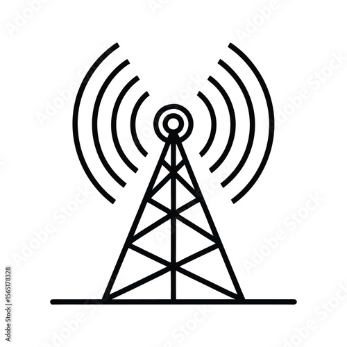 Broadcast Signal Tower Icon with Radio Waves Line Art Vector Illustration on White Background.