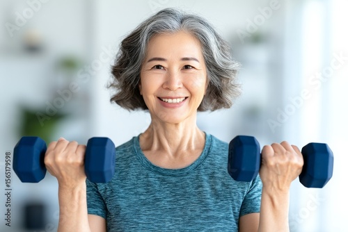 An older Asian woman, characterized by her attractiveness and senior status, exercises at home by lifting dumbbells, with her bedroom serving as the backdrop, thus representing the idea of adults in