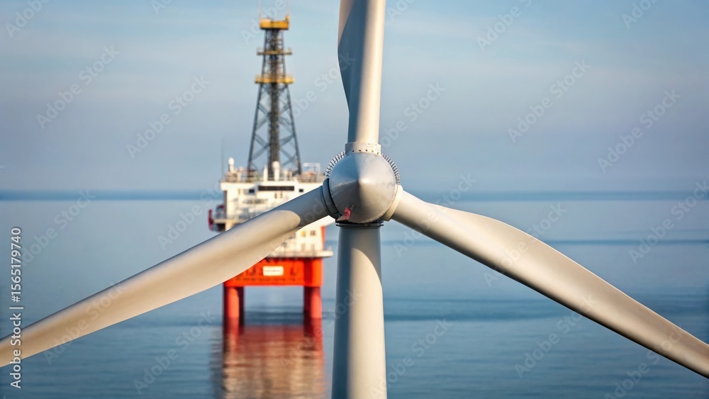 Naklejka premium A detailed shot of wind turbine blades rotating against the backdrop of a hybrid offshore rig capturing the motion and the harnessing of renewable energy amid the calm sea..