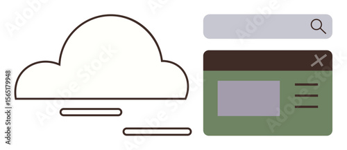 Cloud with floating lines, search bar, window with text layout and menu options. Ideal for cloud computing, data storage, file management, technology, communication, cybersecurity simple landing