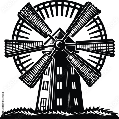 Black silhouette vector illustration of a windmill icon, a symbol of wind energy and direction ,silhouetted, environmental, drawing ,art