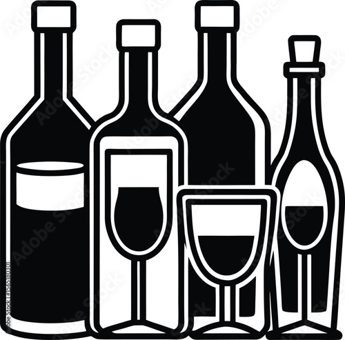 Assorted wine bottles and glasses with red wine, isolated on a white background, perfect for celebration or restaurant themes, wine lovers, wine maker