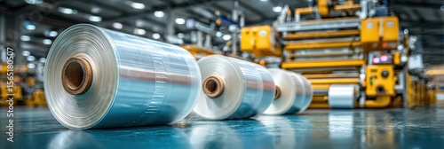 Production of transparent plastic film rolls in a large manufacturing facility during daylight hours