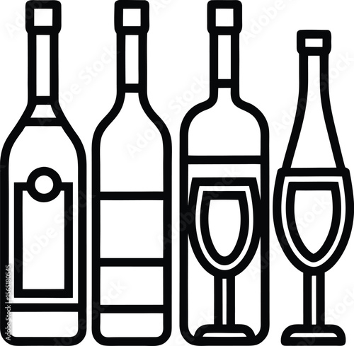 Collection of isolated wine bottles and glasses in various colors, clean, luxury, sparkling, container, closeup