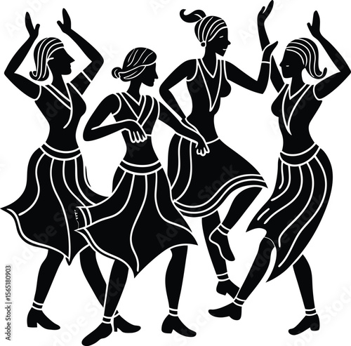 Silhouette vector illustration of a woman dancing in a flowing dress, showcasing the beauty and art of the human body in motion, culture, celebration, joy, motion blur, elegance
