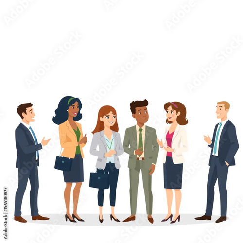 A group of six consultants are networking with visitors at a booth. They are dressed in business attire and seem engaged in the conversation.