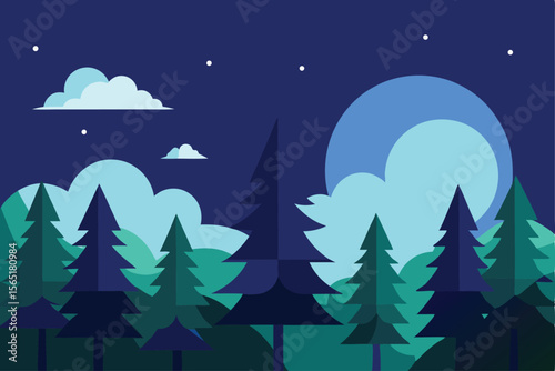 Tranquil Night in the Forest A Flat Design Illustration