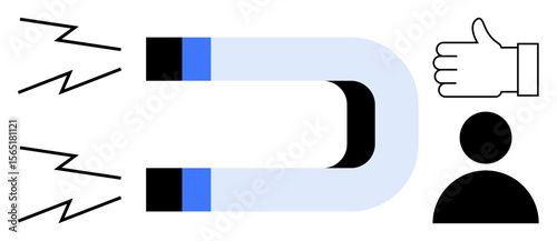 Magnet with lightning bolts pulling toward a person icon and thumbs-up, conveying attraction, engagement, influence, motivation. Ideal for marketing, loyalty, feedback, leadership networking simple