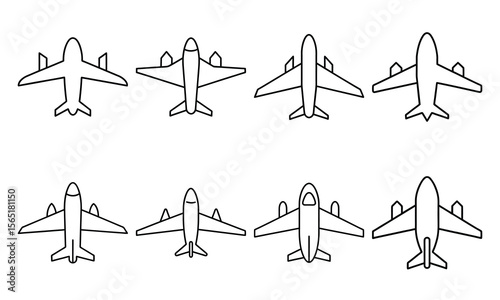 Flight and Airline Theme Airplane Line Art Vector Icons Set in Modern Black Outline Style