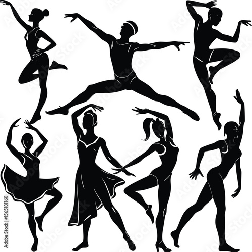 A dynamic vector illustration showcasing silhouettes of dancing people and jumping ballet dancers, capturing the art of movement and fun, light, urban, trend, passion, crowd