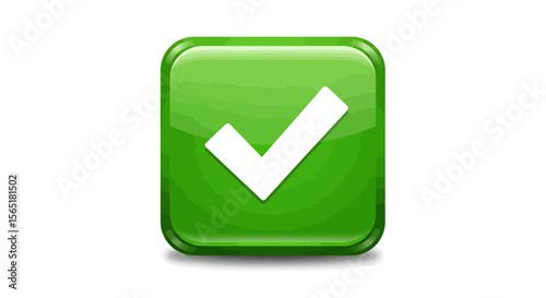 Glossy Green Square Button with White Checkmark Symbol for Confirmation