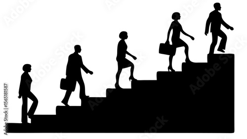 Vector silhouette set of business people walking up stairs in various climbing poses. Black isolated shapes on white background. Ideal for success, progress, or teamwork concepts.