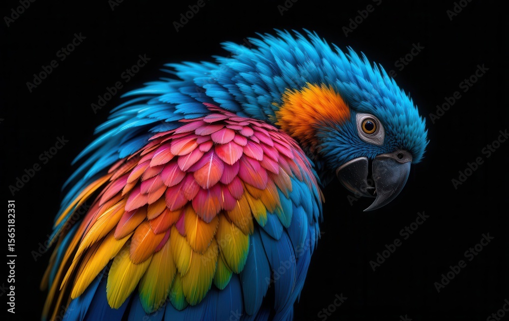 Obraz premium Striking portrait of a vividly colored macaw on a clean, black backdrop