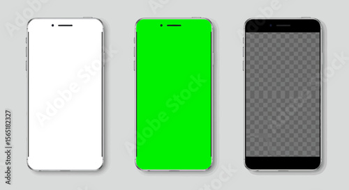 Three Smartphone Mockups with Blank Screens in Different Colors