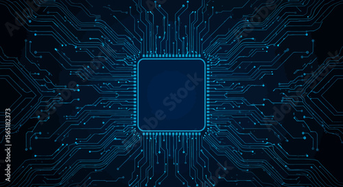 Abstract Blue Circuit Board with Central Processor Unit