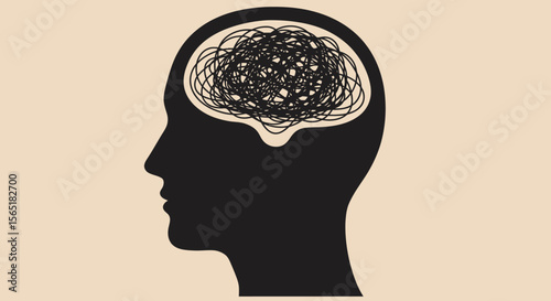 Silhouette Head with Tangled Thoughts: A Mind in Chaos