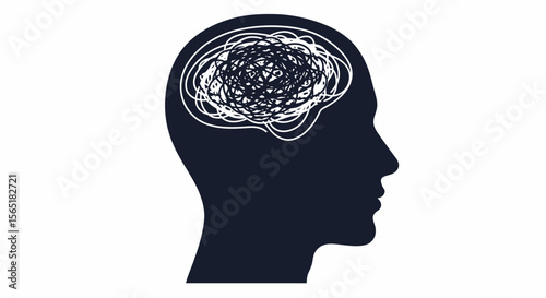 Silhouette Head with Tangled Lines Representing Mental Confusion.