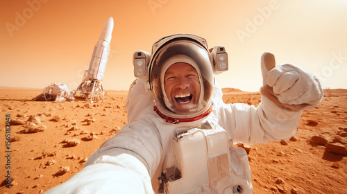 An astronaut stands on the surface of Mars, giving a thumbs-up to represent excitement about the successful landing