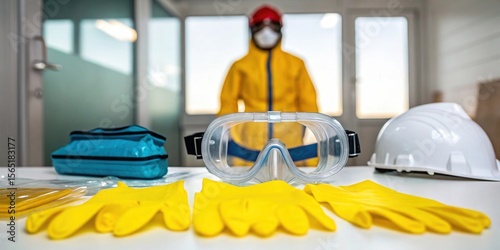 An inspection of a personal protective equipment PPE kit emphasizing goggles gloves and coveralls crucial for worker safety during an oil spill response..