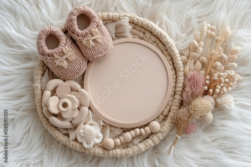 Baby announcement featuring a letter board and a basket, complete with baby clothing mock-up and space for custom design on a blurred pregnancy announcement background with selective focus