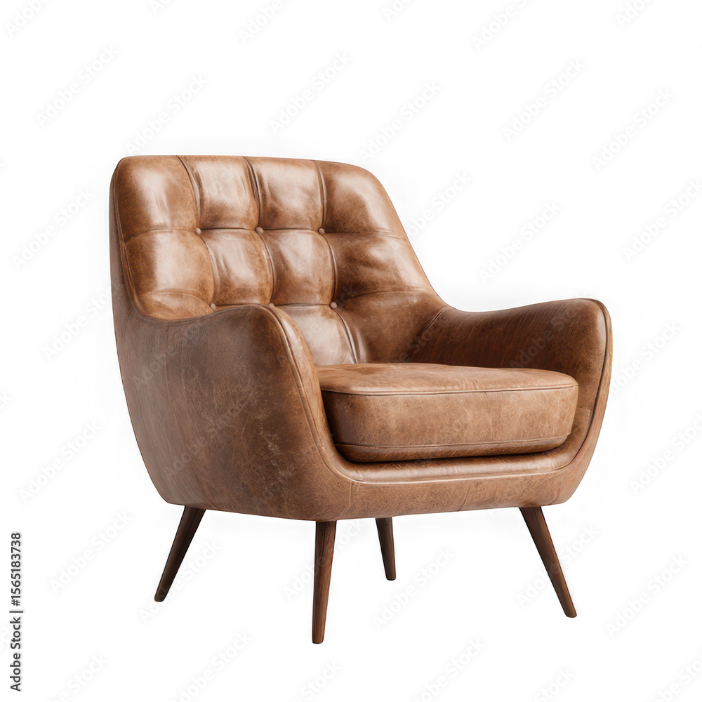 Naklejka premium Isolated brown leather armchair with tufted back on a white background view