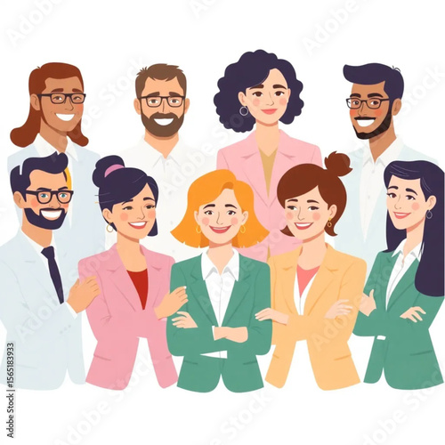 A group of ten employees are preparing for a client pitch. Everyone is smiling or nodding, showing active participation.