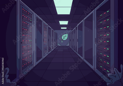 Data center corridor with server racks and green leaf symbol  