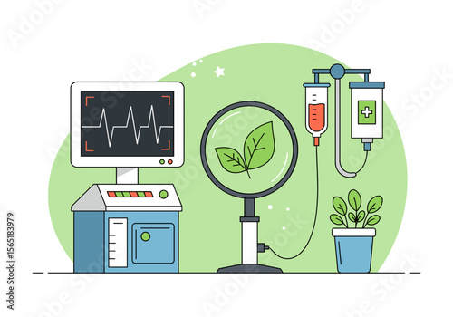 Medical equipment with plant elements in a modern healthcare setting  