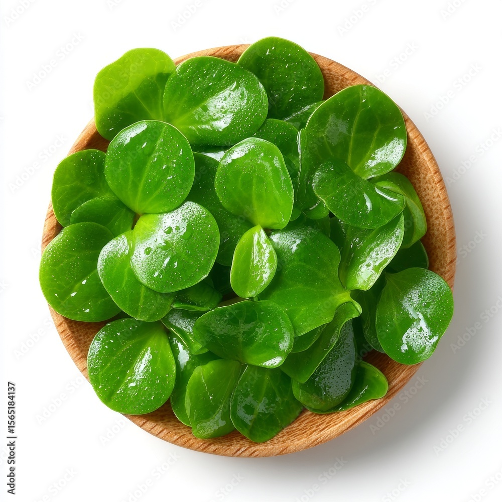 Fototapeta premium In a wooden bowl, common buckwheat microgreens are arranged, consisting of ready-to-eat sprouts, green seedlings, young plants, and shoots of Fagopyrum esculentum, photographed in a close-up,