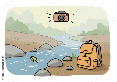 Cartoon camera hovering above a backpack by a serene riverbank  