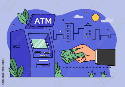 Hand withdrawing cash from ATM machine in urban setting  