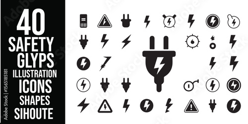 Collection of electrical safety icons and symbols in black and white graphic design style