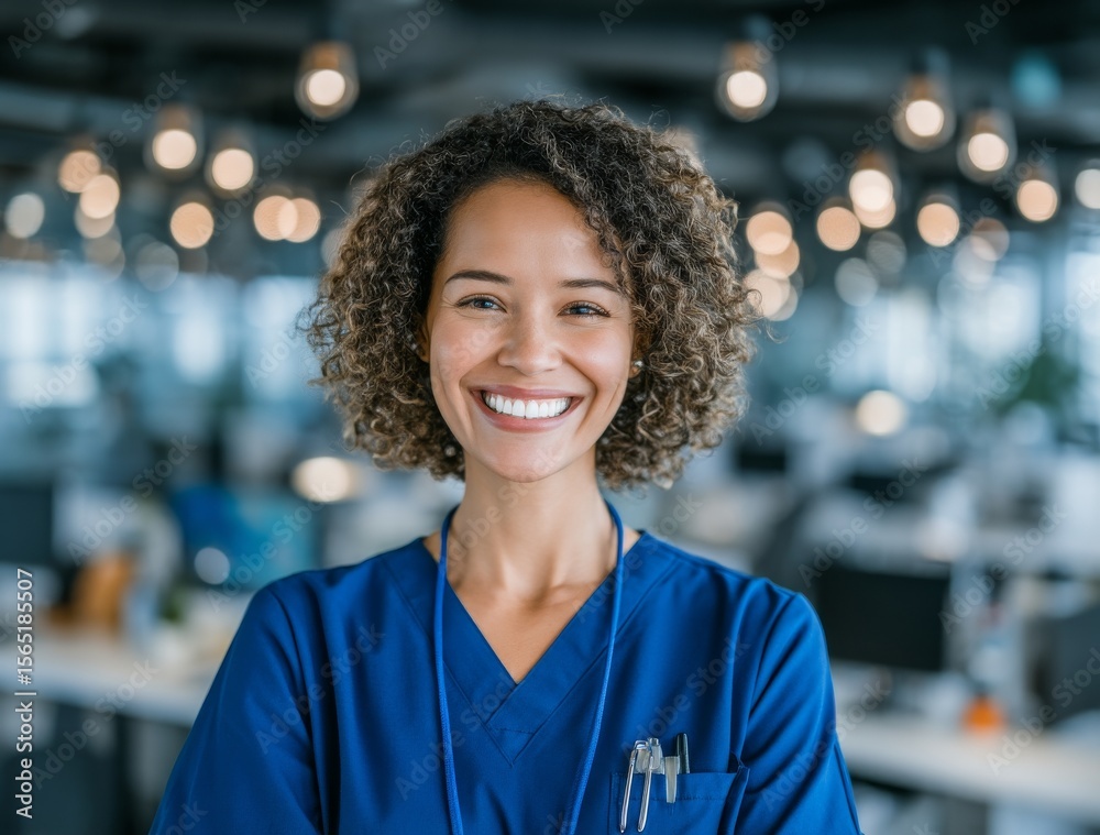 Naklejka premium A black woman, who works as a nurse and receptionist at a hospital, is sitting at her desk using a computer with a smile on her face, appearing happy and excited about her job