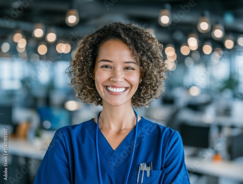 A black woman, who works as a nurse and receptionist at a hospital, is sitting at her desk using a computer with a smile on her face, appearing happy and excited about her job